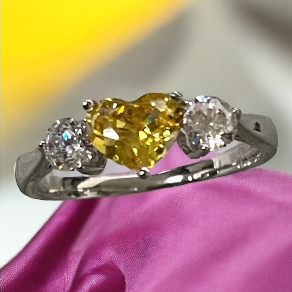 Sterling Silver Ring, Yellow Zircon Heart Stone
